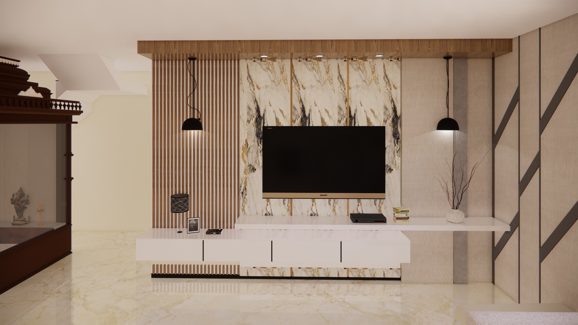 L Square Constructions and Interiors design studio and marble TV unit in Mysuru